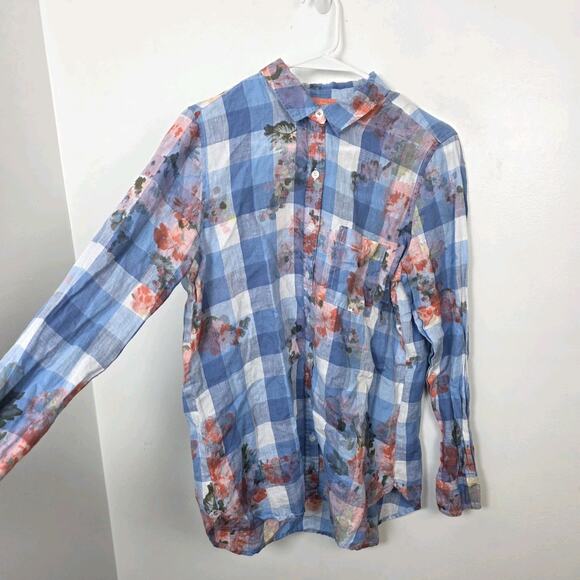 Joules Blue 100% Linen Gingham Floral Long Sleeve Button Up Shirt Size 8 - Picture 1 of 8